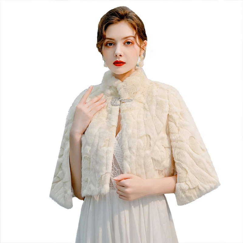 Women Bride Wedding Fuzzy Cape Stole Wraps Bridesmaids Plush Shawl Scarf Thicken Warm Stand Collar Shrug with for Buckle