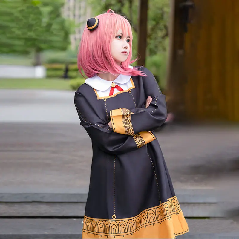 Disfraz de Cosplay de Anime SPY FAMILY Anya Forger para niños y mujeres, vestido negro Kawaii, ropa de fiesta, peluca