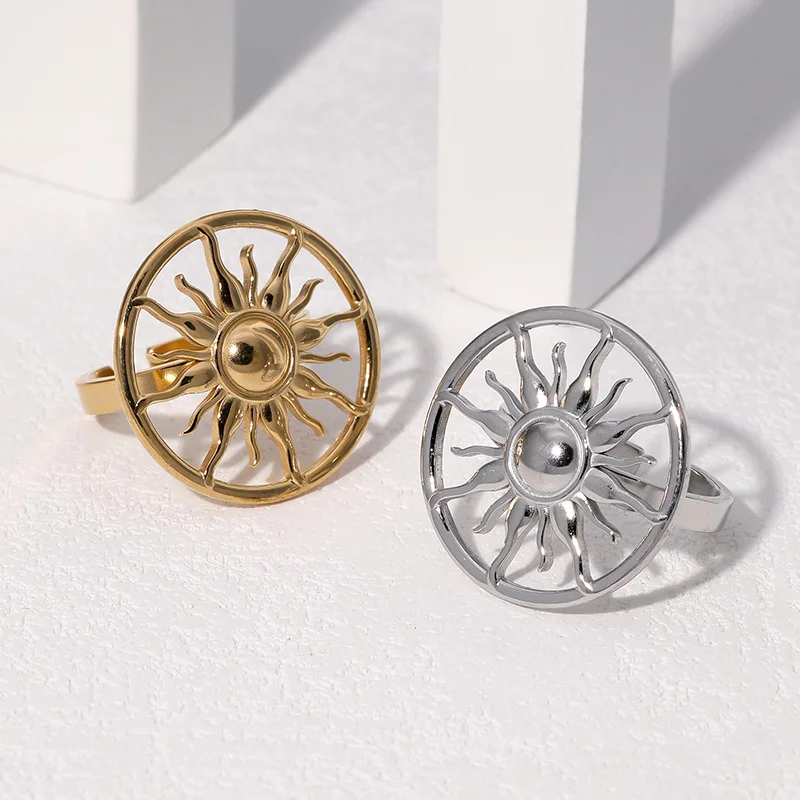 Geometric Circular Sunflower Ring Neutral Jewelry Personalized And Fashionable Stainless Steel Open Rings Couple Gifts