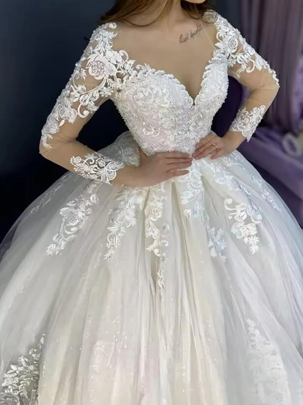 Princesa romântica vestido de baile vestidos de casamento mangas compridas apliques frisado o pescoço vestidos de noiva personalizado vestido de noivado