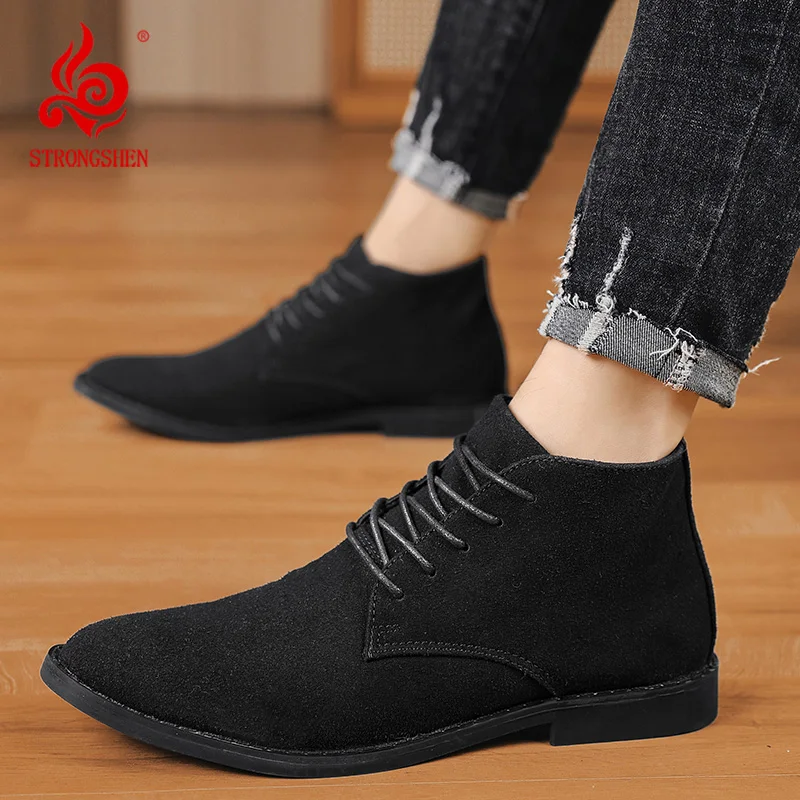 STRONGSHEN męskie buty buty zimowe zamszowe buty skórzane zasznurować brytyjski styl klasyczne botki obuwie Botas Zapatos Hombre