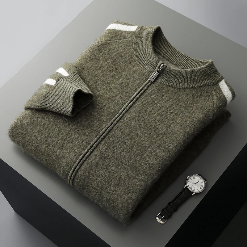 Autumn Winter New Half-High-Necked Zipper Color Matching Pure Wool Cardigan Men's Loose Leisure Business Sweater Knitted Coat