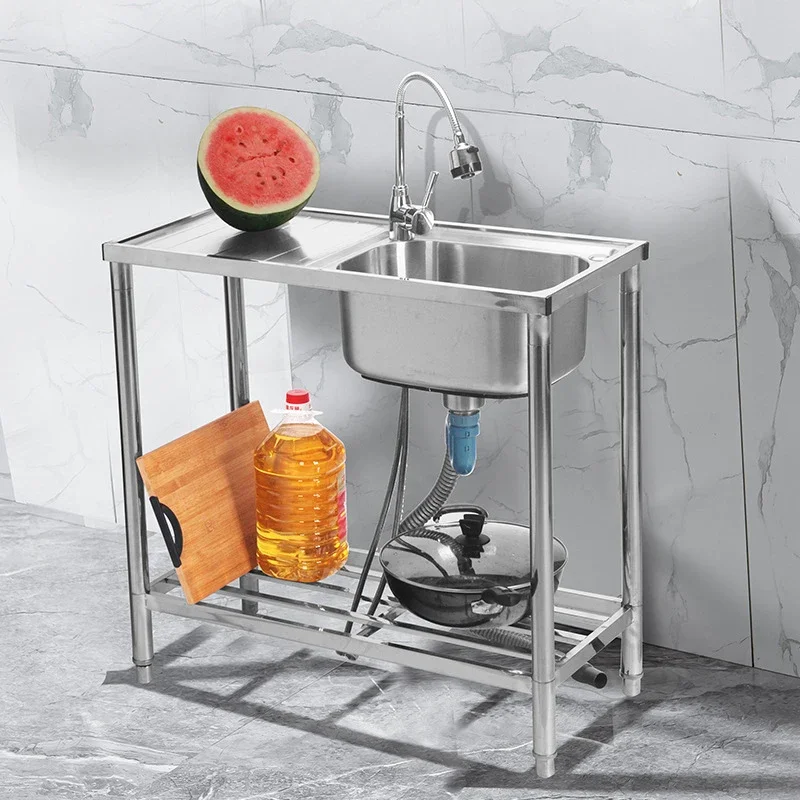 Évier de cuisine en acier inoxydable avec support, évier de vaisselle, ménage chaud et froid, F/05 ets