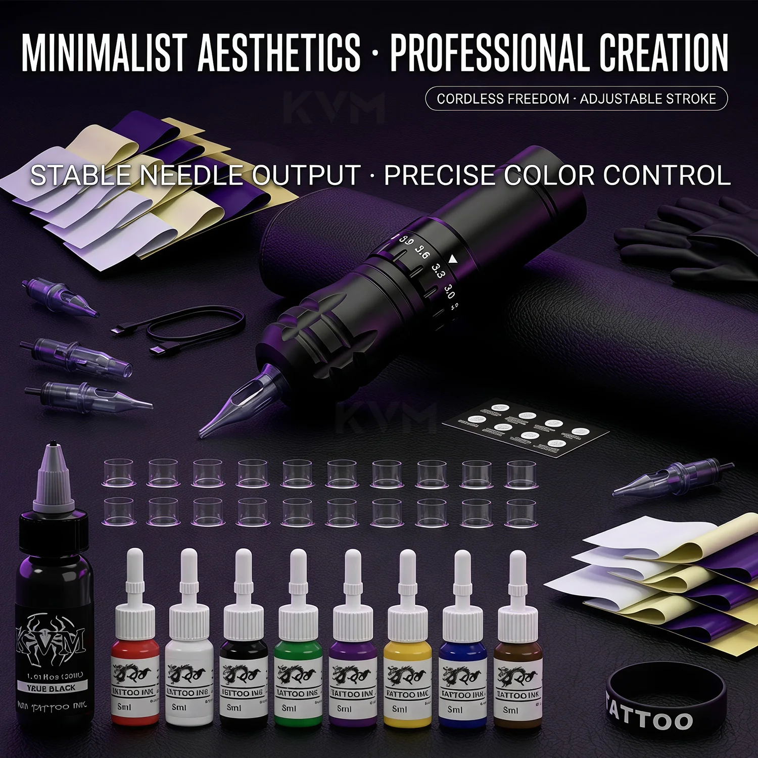 Wireless Adjustable Stroke Rotary Tattoo Pen Kit Complete Tattoo Set with Cartridge Needles High‑Saturation Tattoo Ink Practice