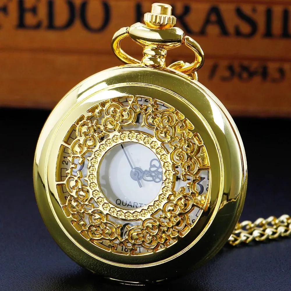 ساعة جيب كوارتز ذهبية فاخرة Steampunk قلادة مجوهرات أسود أرقام عربية الهاتفي سلسلة بدلاية ساعة هدية Relogio De Bolso