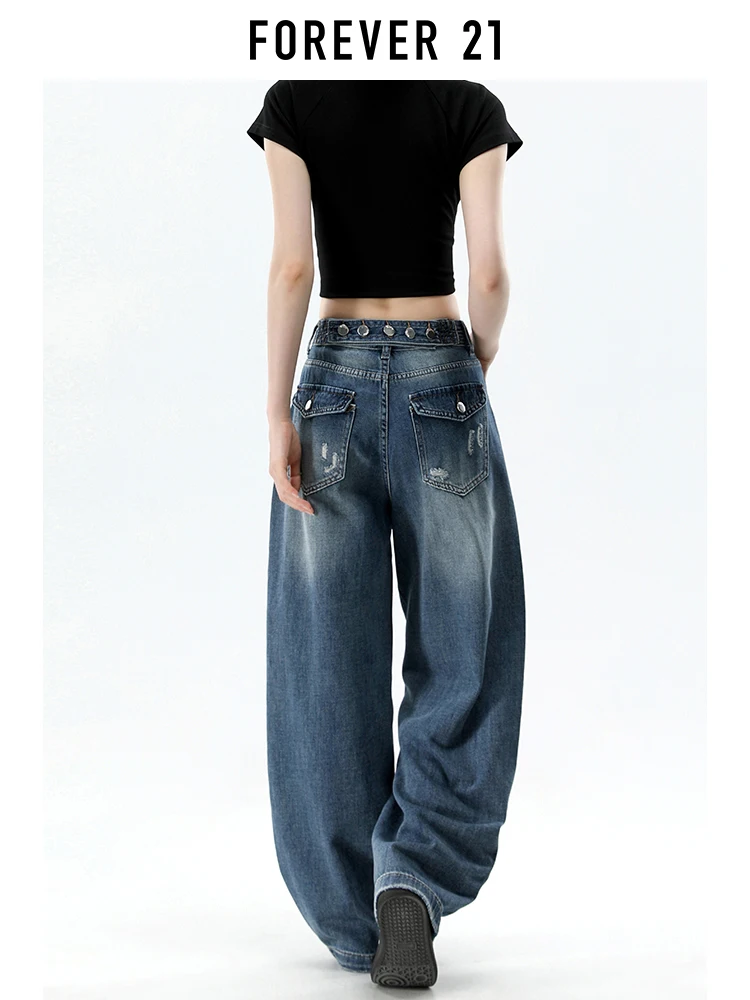 Forever 21 Jeans Feminino de Cintura Alta, Perna Larga, Estilo Americano Paris Button Blue Hole Knife, Novo de Verão, Solto e Modelador