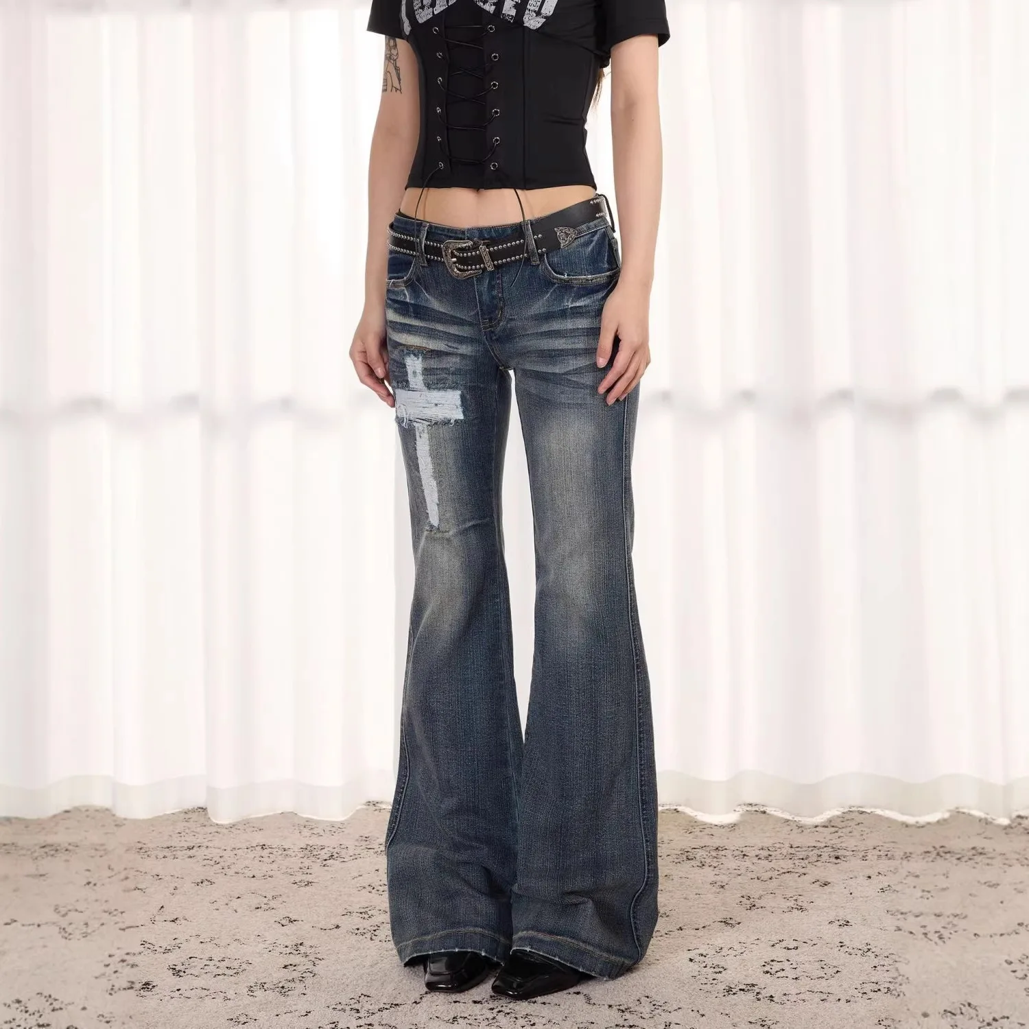 Low Waist Bell Bottom Denim Jeans Women's Sexy Slim Fit Casual Versatile Washed out Distressed American Style plus Size Jeans
