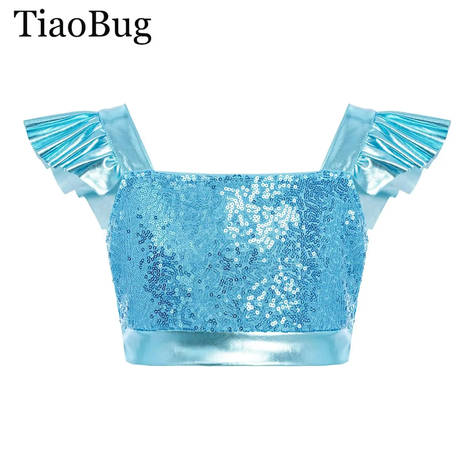 

Kids Girls Sequin Dance Crop Tops Ruffled Sleeves Sparkling Metallic Tank Top Vests Music Festivel Raves Party Jazz Dancewear
