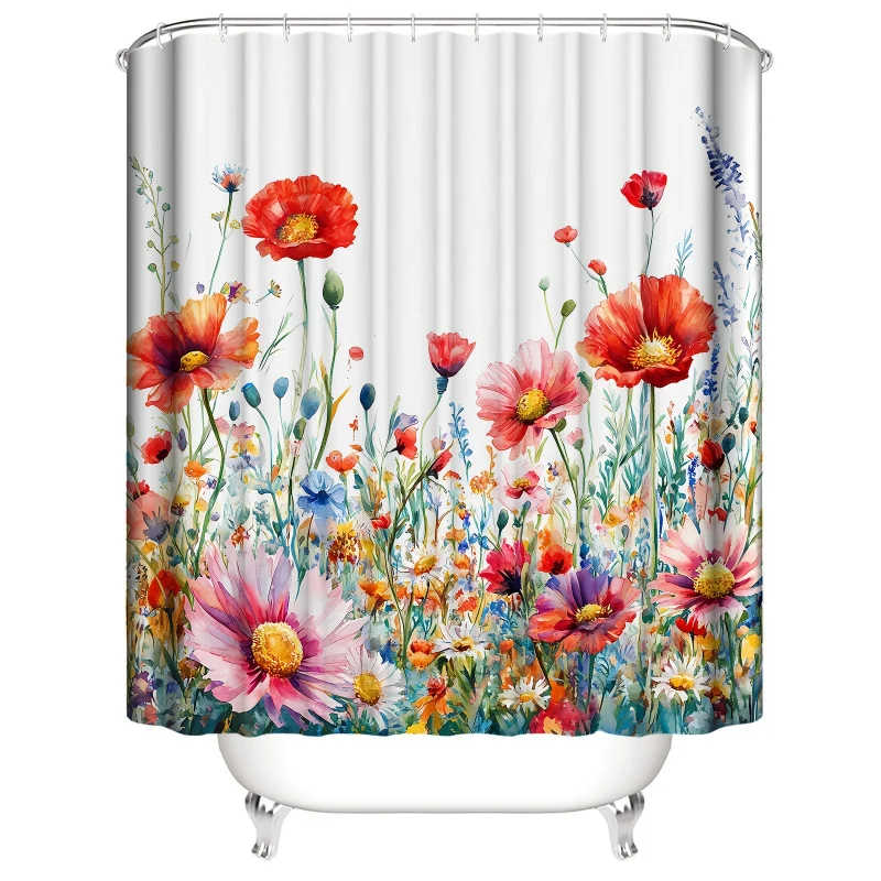 1pc Pink Floral Shower Curtain, Watercolor Gradient Wild Flower Leaf Design, Fashionable Bathroom Decoration Suitable for Four S