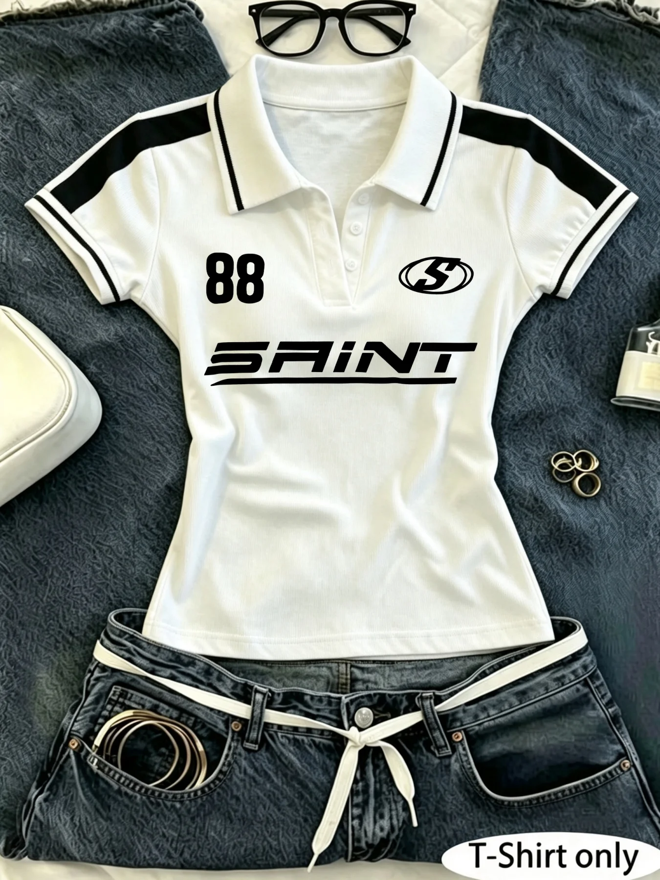 Golf Equipment Logo - Polo Wanita dengan Garis Kontras, Cetakan
