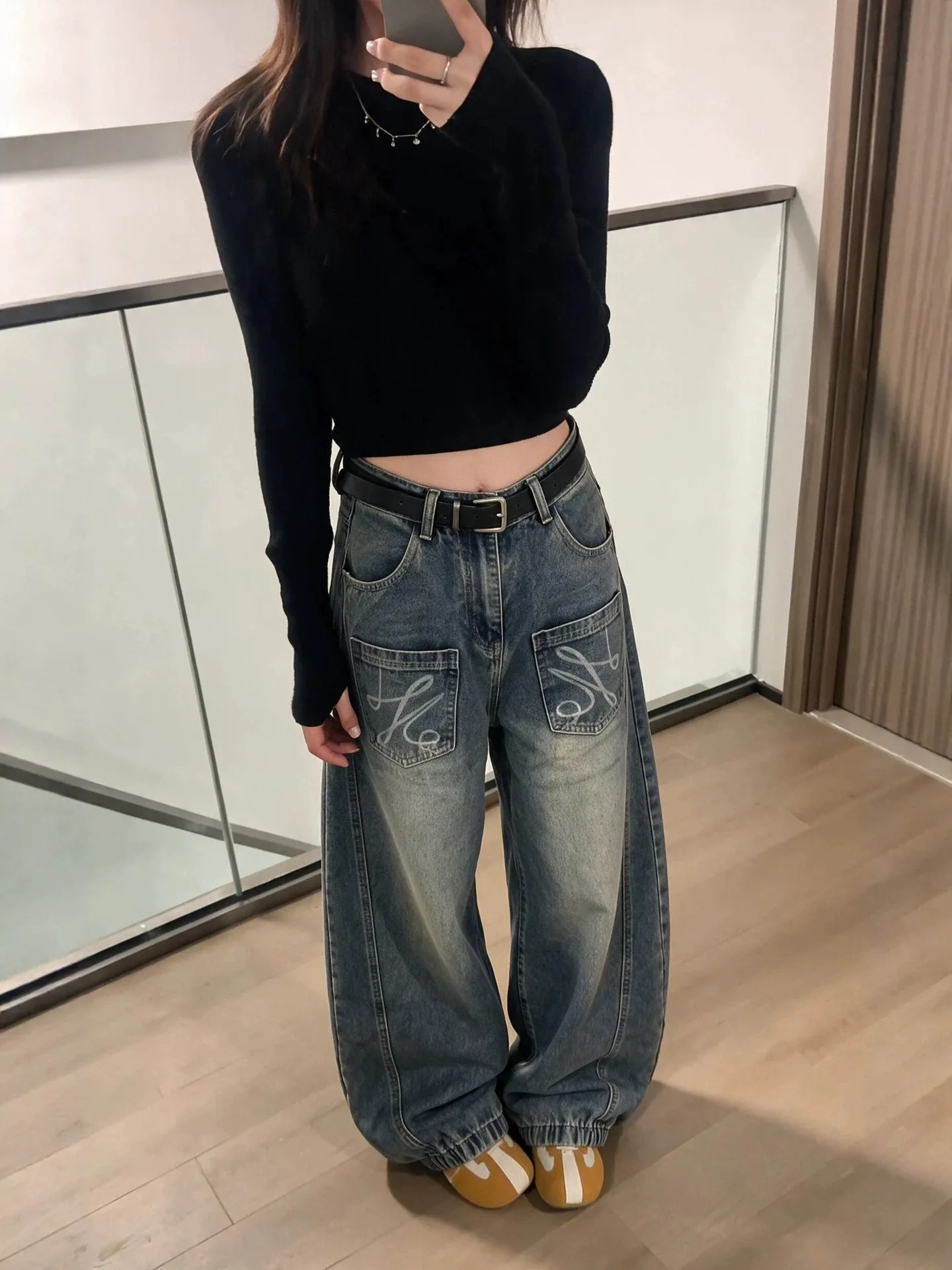 Large Size American Retro Washed Wide Leg Jeans Women's Loose Casual Versatile Knife  Long Pants High Waist Denim