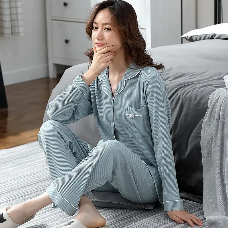 100% Cotton Pyjamas Women Spring and Autumn Winter Pajamas Women's Long-sleeved Large-size Loose Loungewear Set Winter Sleepwear