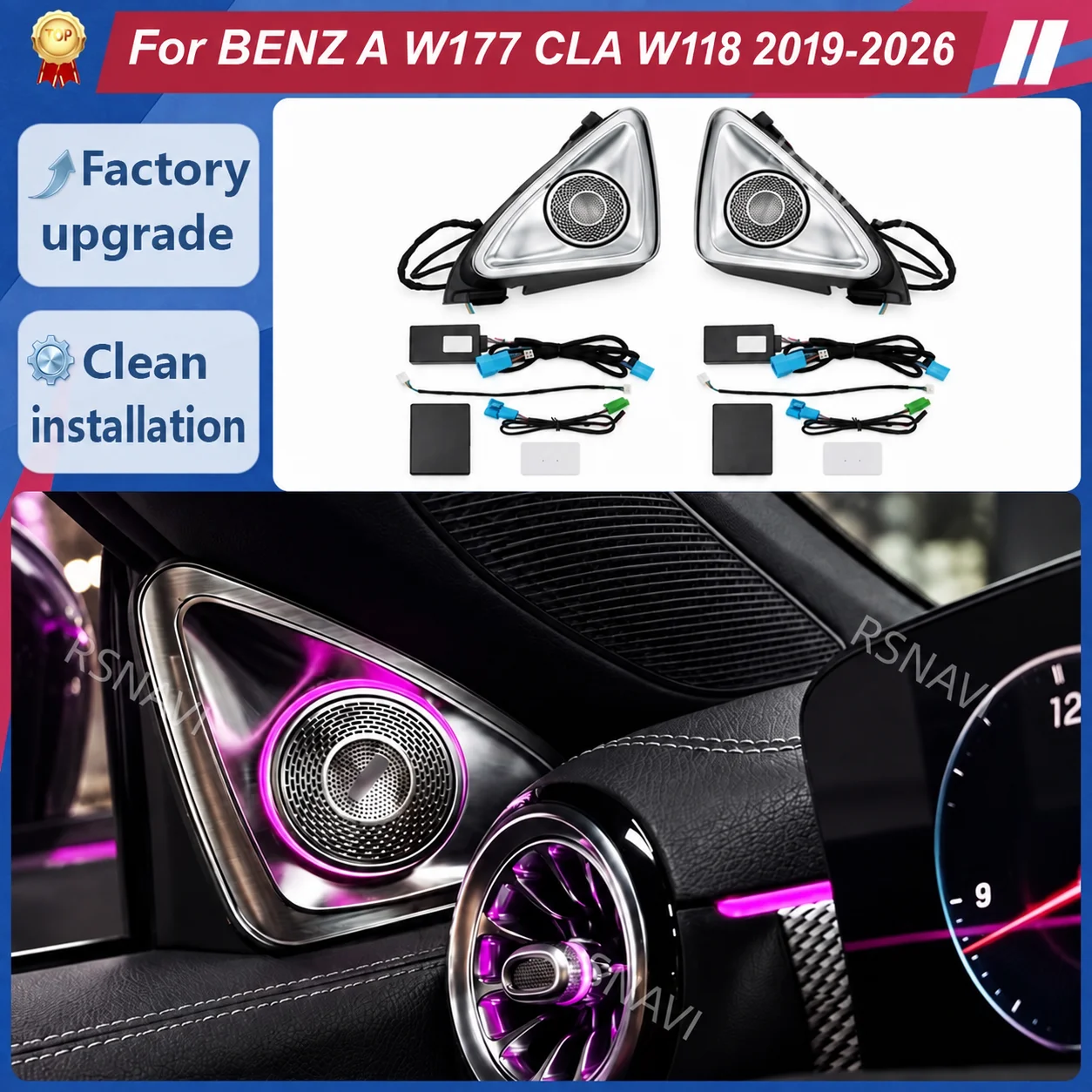 4D Rotating Tweeter Speakers with Ambient Lighting for Mercedes-Benz A-Class W177 CLA W118 2019-2026 Standard Audio Retrofit Kit