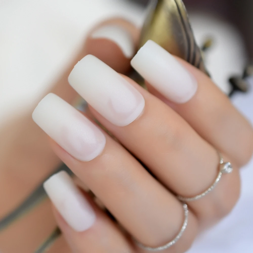 Milk White Square Instant Nails Long Matte Fake Nails Frost Art Design DIY Full Free Artificial False Nails