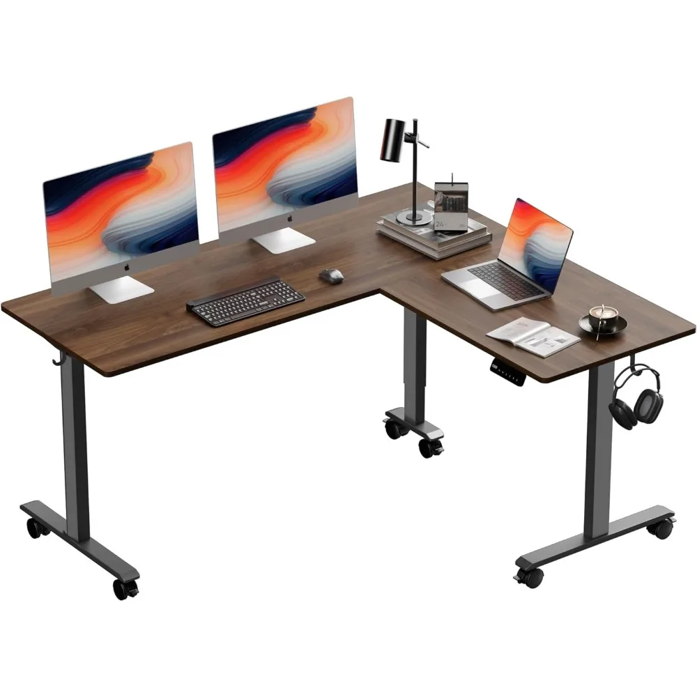 L-Shaped Electric Standing Desk, 63x55 Inch, Walnut, Adjustable Height, Wheeled, Ergonomic, Modern Design