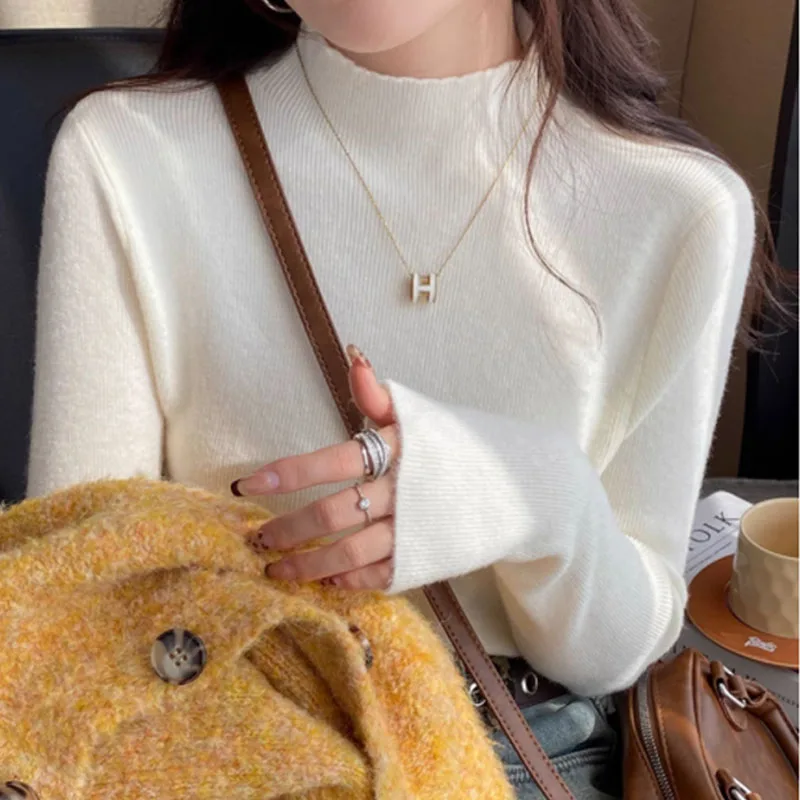 

Knitted Sweater Women Pullovers New Long Sleeve Mock Neck White Knit Sweater Pullover Women Tops Sweaters Sueters De Mujer Q1327