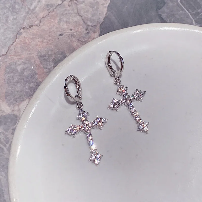 Pendientes de Cruz de diamantes de imitación góticos Y2K para mujer, pendiente de gota de Cruz de circón Kpop, pendientes Grunge Egirl, accesorios