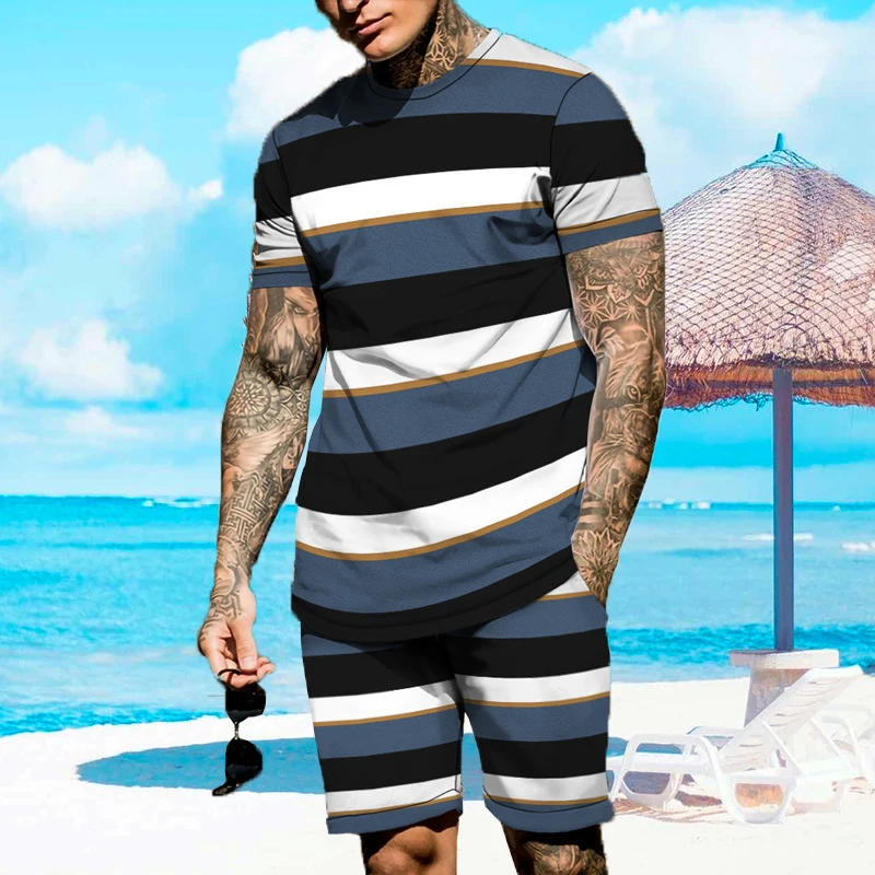 Men's Tracksuit Summer Stripe Style Harajuku Jogging Streetwear Short Sleeve T Shirt Suit 3D Printed Breathable Male Clothes