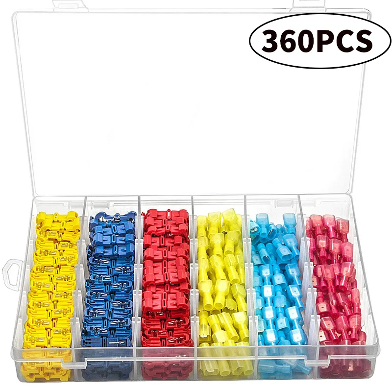 

360PCS T-Taps Wire Terminal Connectors Insulated 22-10 AWG 0.5-6.0mm² Quick Splice Electrical Combo Kit