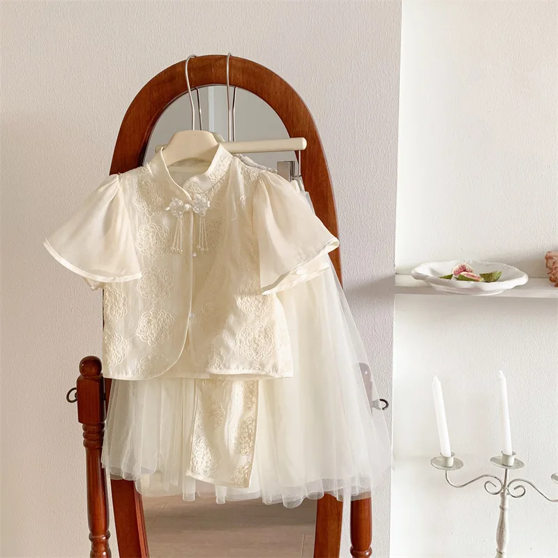 

Girls' New Chinese Style Dress Summer Clothes2024New Western Style Children's Chinese Style Han Costume Skirt Girl Summer Dress