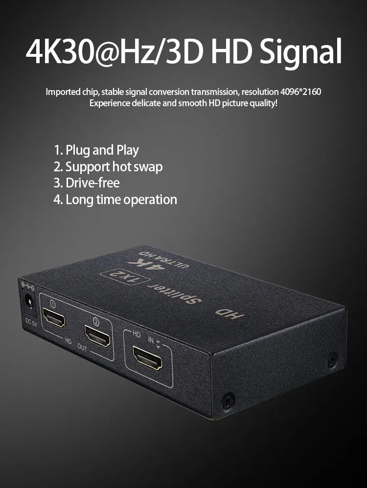 1x2 HD Splitter AMS-H1S2(Mini) with Signal Amplification 4K Resolution for Multi-Device Connectivity and Smooth Playback