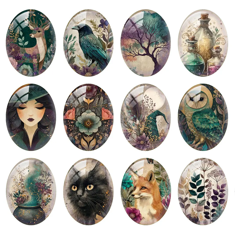 Random Mixed Round/Oval/Square Forest Witch Astrology Raven Owl Photo Glass Cabochon Flatback Demo Cameo For Diy Jewelry Making