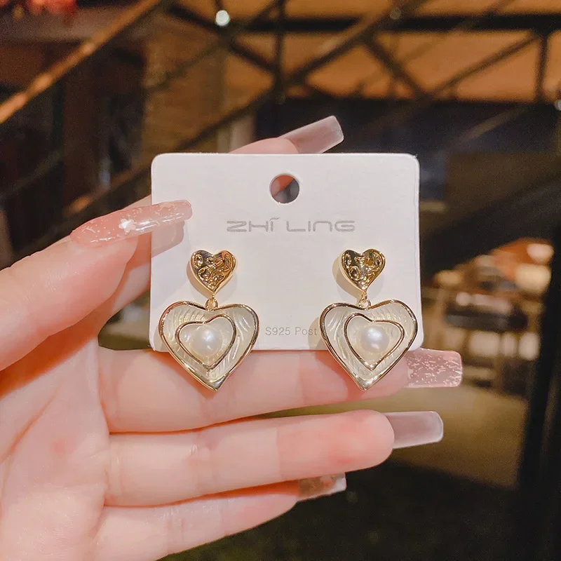 Double Heart Imitation Pearl Drop Earrings for Women Personality Sweet Brincos Jewelry Christmas Gift