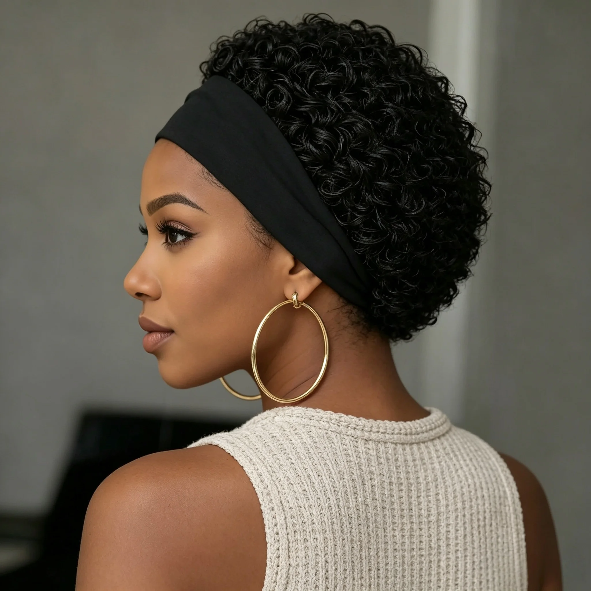 Short Curly Human Hair Wig with Headband for Women