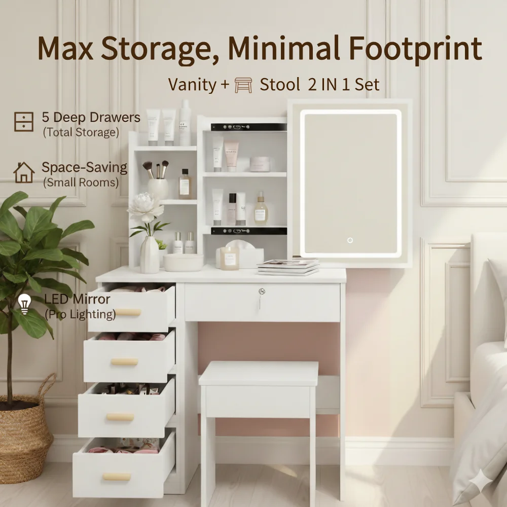 

Tidy Up Your Makeup! Vanity Desk with LED Mirror & Ample Storage Drawers