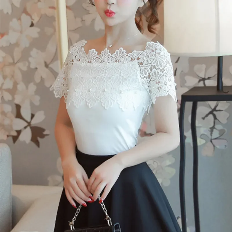 Women's Lace Patchwork Tops Casual Shirts Off-Shoulder Tops Sexy Short Sleeve White Women's Summer Openwork Elegant Shirt  -CH20