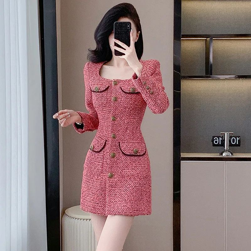 Spring Autumn Women\'s Pink High-Quality Fragrant Coarse Woolen Dress