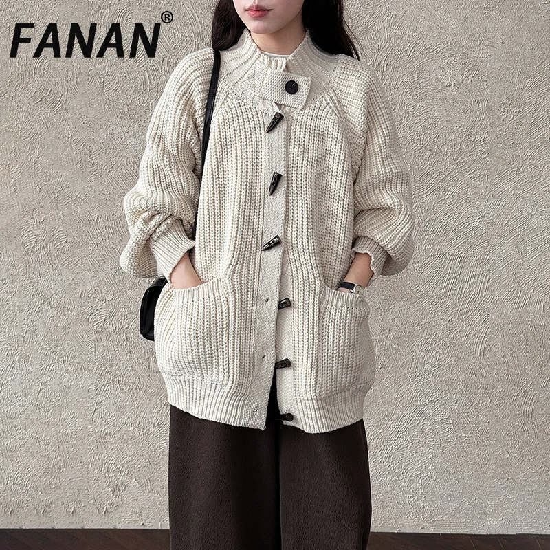 

FANAN толстый теплый вязаный кардиган, свитер для женщин, однобортный однобортный повседневный свободный свитер с круглым вырезом, модные топы, новинка зимы 2023 г.