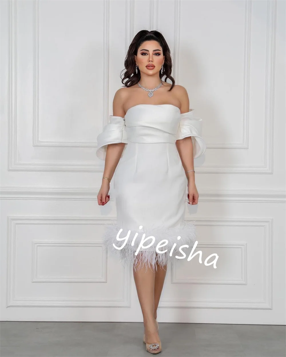  Evening Charmeuse Feather Clubbing Sheath Off-the-shoulder Bespoke Occasion Gown Knee Length Dresses Saudi Arabia