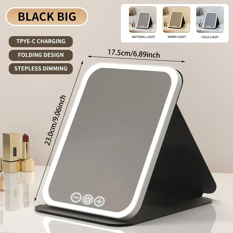 HPH 3-Farben-Make-up-Spiegel LED-Schminkspiegel mit Touchscreen, USB-Aufladbar, Dimmbare Helligkeit, Tragbarer Klappspiegel für den Tisch