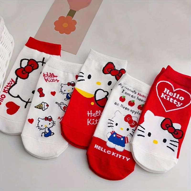 

5 Pairs Kawaii New Sanrio Hello Kitty Red White Short Socks, Cute Japanese Style Ankle Socks, Women's Stockings & Hosiery