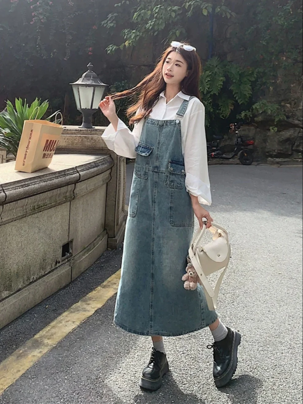 plus Size Denim Overalls Dress Vintage Loose Fitting Slimming Spring New Style Korean Commute Style Mid-Length A-Line Dress