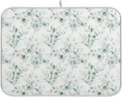 Light Green Leaves Dish Drying Mat for Kitchen Counter Hanging Loop Absorbent Watercolor Sage Plant Floral Dish Drainer Rack Mat
