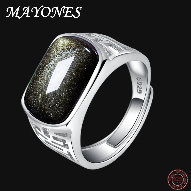 

New Real S925 Pure Silver Inlaid Natural Gold Ocher Meaning Lucky Adjustable Finger Micro Inlaid Zirconnew Man Ring