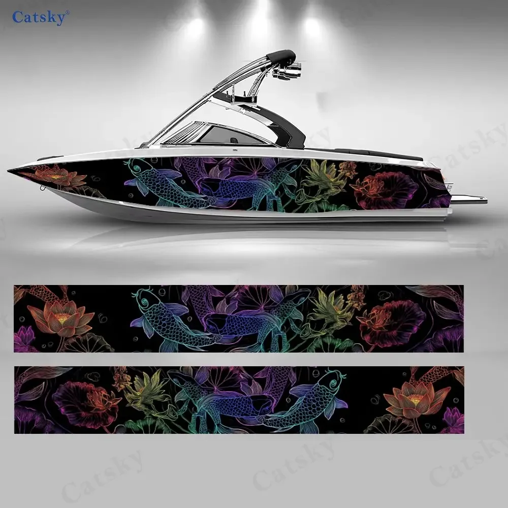 2Pcs Koi & Lotus Blossom Boat Stickers, PVC Waterproof Durable Vinyl Wrap Decals for Fishing Boats, Durable and Stylish Design