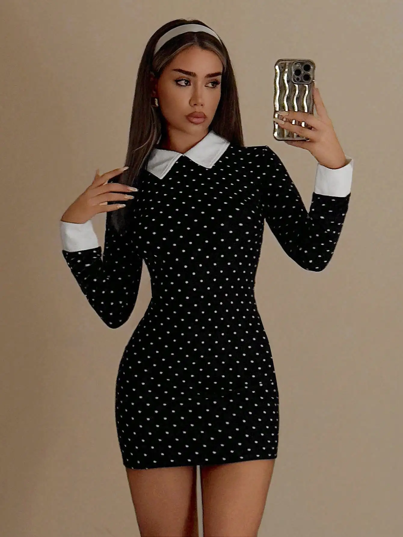 

Y2K Fitted Black White Polka Dot Mini Dress with Contrast Collar for Women