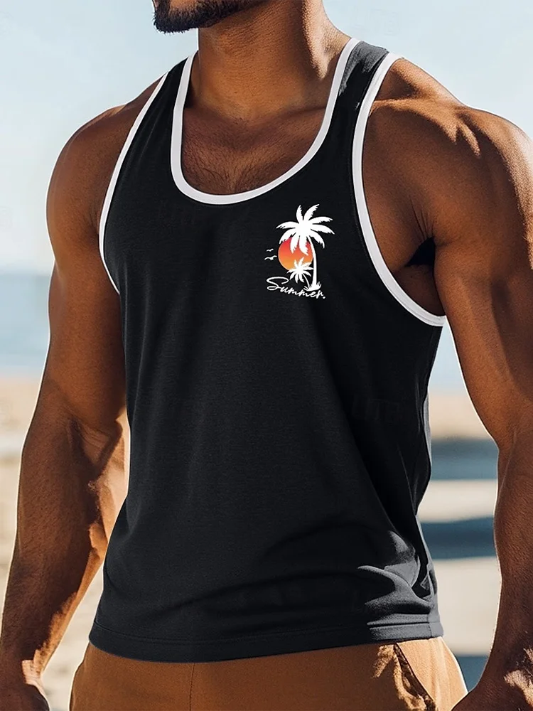 

2025 New Summer Casual Men's Sleeveless T-shirt 3D Palm Tree Printed Men's Vacation Tank Top Outdoor Beach Sports Men's Shirt