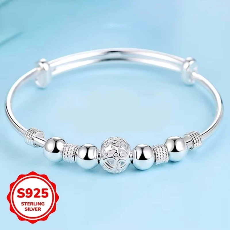 925 Sterling Silver Beaded Bangle for Women, Stylish and Elegant Adjustable Bangle, Party Gift Accessory Jewelry image 6
