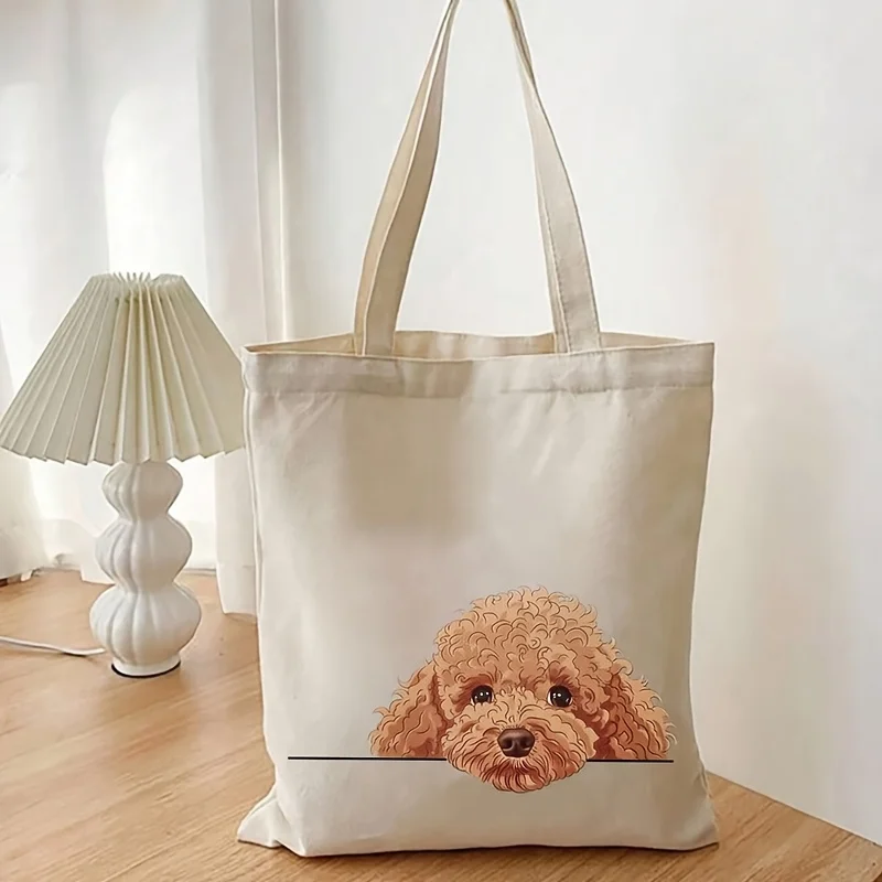 A Cute plush dog face design print canvas tote bag, suitable