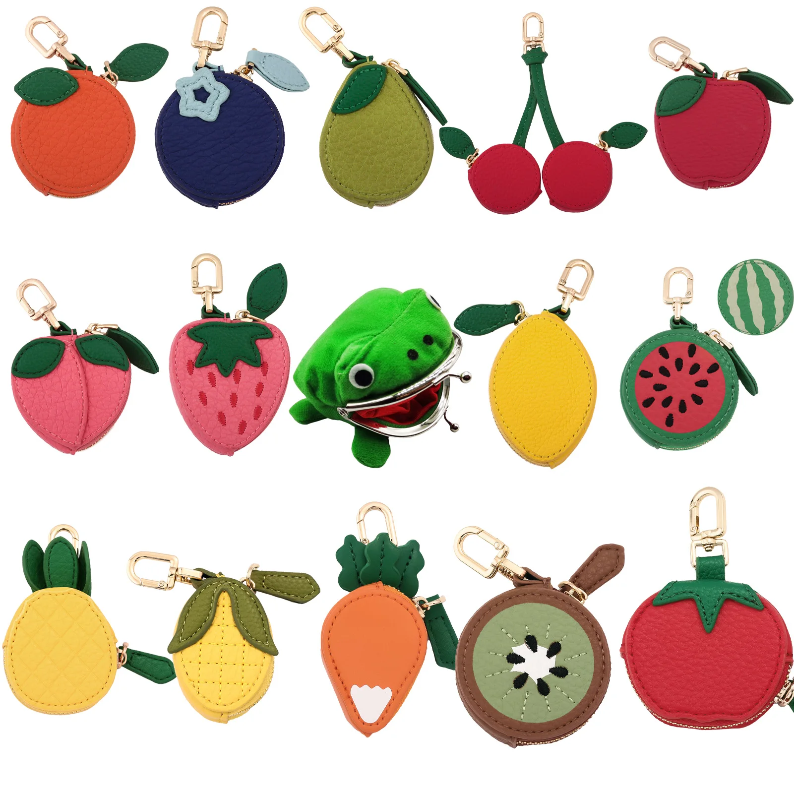 Cute Anime Cartoon Frog Wallet Coin Purse Exquisite Apple Peach Fruit Carrot Vegetable Lipstick Pouch Keychain Accessory Gift