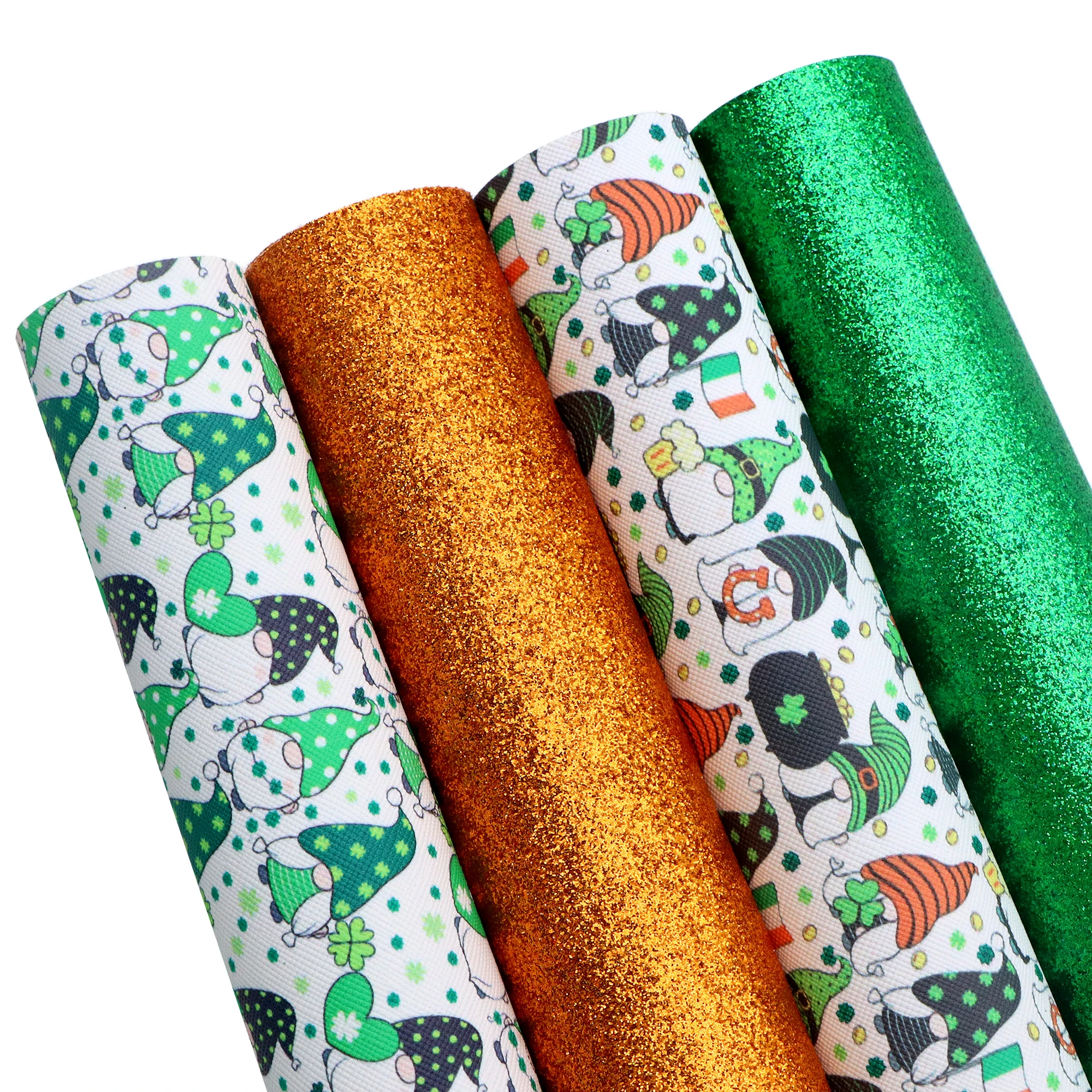 4Pcs/Set St. Patrick's Day Faux Leather Sheets 20*33cm Solid Color Fine Glitter Shamrock Gnome Printed Synthetic Leather