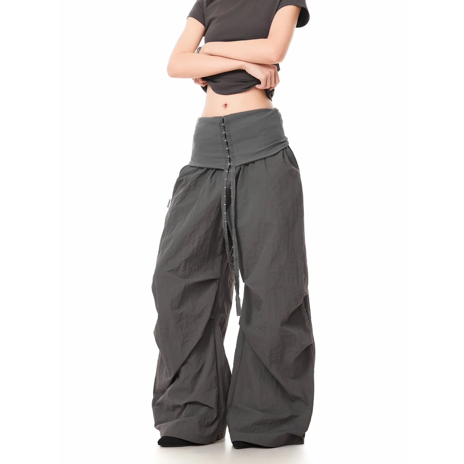 

Women Wide Leg Pants 2025 Autumn New Retro High Waist Pants Embellished Foldover Low Rise Wide Leg Jazz Dance Casual Trousers