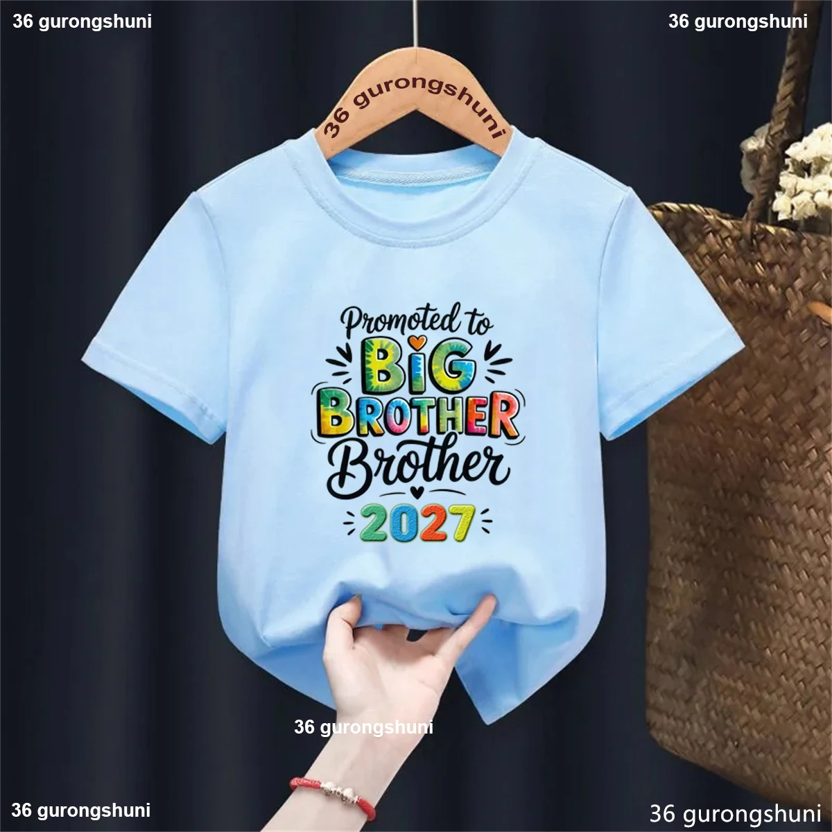 "Promoted to Big Brother 2027" Colorful Letter Print Boys' T-Shirt– Pregnancy Announcement Tshirt-Funny Kids' Short-Sleeve Top view 4