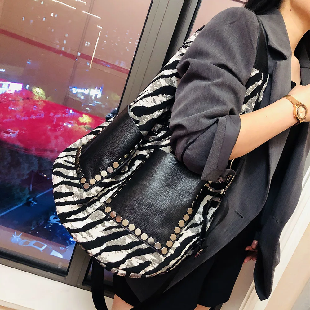 #8886-2 # High end European and American Trendy Big Bag New Zebra Pattern Shoulder Bag Genuine Leather Big Handle Bag