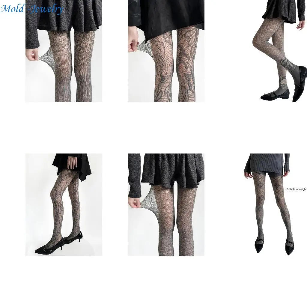 

69HB Aesthetic Mesh Tights with Floral Pattern Vintage Lace Pantyhose Hosiery