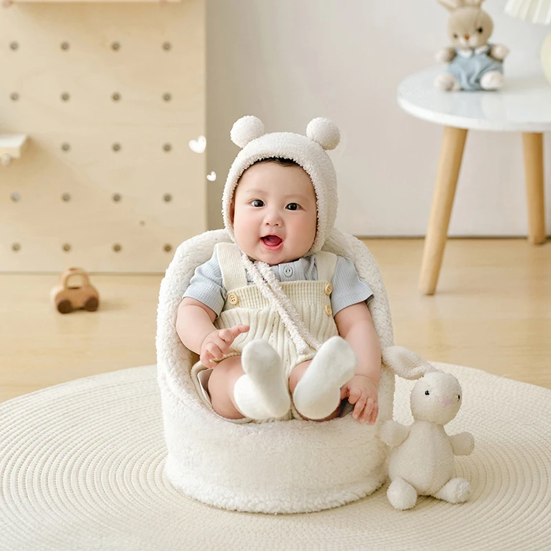 Infant Photography Clothes Cute Bear Hat + Short Sleeves + Knitted Jumpsuit Set Soft Rabbit Doll 100 Days Baby Photoshoot Props